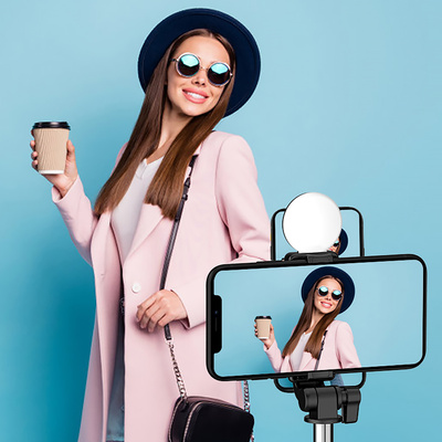 Selfie stick WR1YXS telescopic tripod 0.71m with round lamp - black