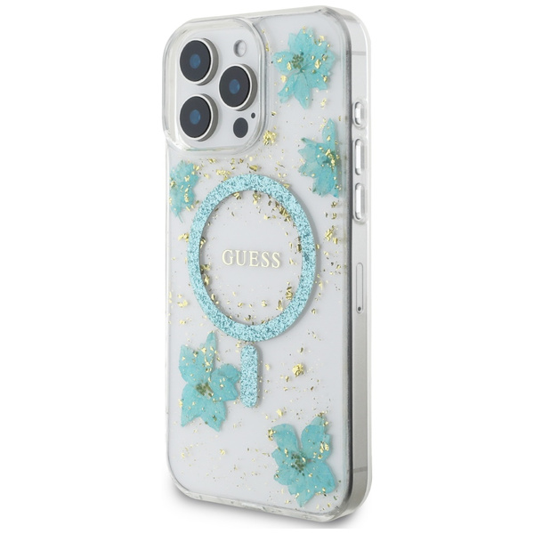 Guess Resin Flowers Glitter MagSafe iPhone 16 Pro Hülle - Transparent Grün