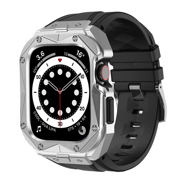Kingxbar CYF140 2in1 Rugged Case for Apple Watch SE, 6, 5, 4 (44 mm) Stainless Steel with Strap Silver