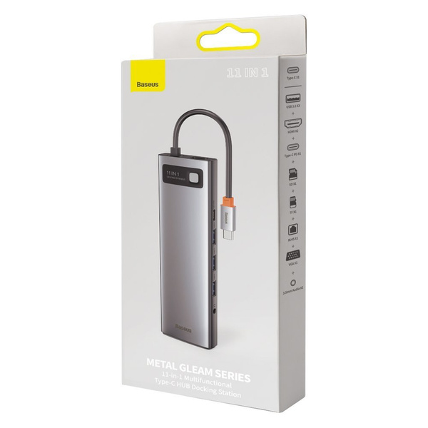 Baseus Metal Gleam 11in1 multifunctional USB Type C HUB - 3x USB 3.2 Gen 1 5Gbps / USB Type C PD 100W / 3.5 mm mini jack AUX / VGA Full HD 60Hz / 2x HDMI 4K 30Hz / TF and SD card reader / RJ45 1Gbps gray (CAHUB-CT0G)