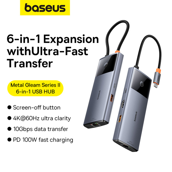 USB-HUB 6in1 Baseus Metal Gleam Series II USB-A/USB-C/USB-C PD/HDMI/RJ45 – schwarz