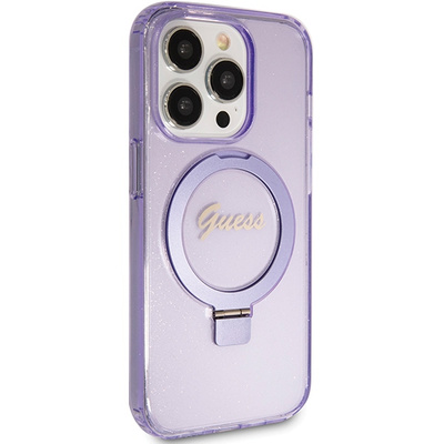Guess Ring Stand Script Glitter MagSafe-Hülle für iPhone 15 Pro Max – Lila