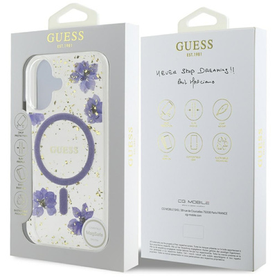 Etui Guess Resin Flowers Glitter MagSafe na iPhone 16 - fioletowe