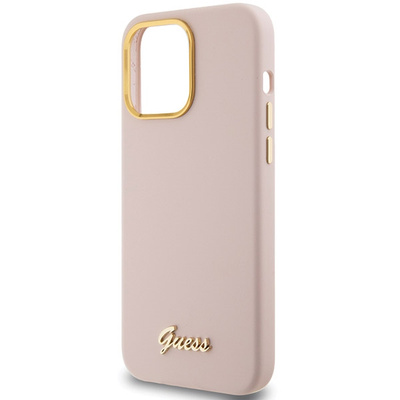 Guess Silikon Script Metal Logo & Frame Hülle für iPhone 15 Pro – Rosa
