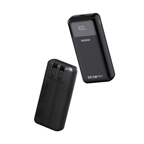 Dudao K15Pro Powerbank 20000 mAh 22,5 W PD USB-C / USB-A / integrierte Lightning und USB-C-Kabel – Schwarz