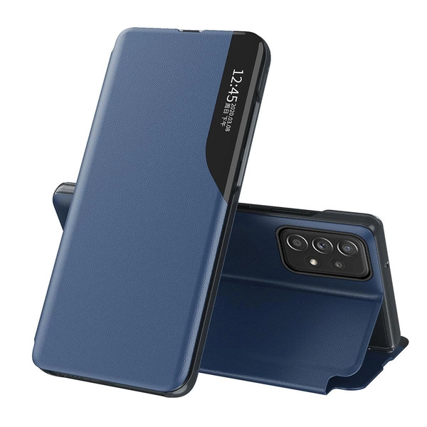 Eco Leather View Case è un&#39;elegante custodia con patta e funzione stand per Samsung Galaxy A73 blu