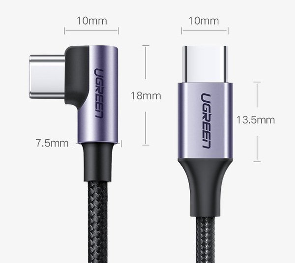 Kabel Ugreen US255 50125 USB-C (prosty) / USB-C (kątowy) PD QC 60W 3A 2m - szary