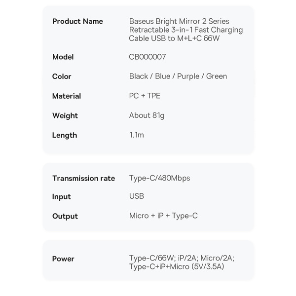 Baseus Bright Mirror 2 einziehbares Kabel 3in1 Kabel USB Typ A - Micro USB + Lightning + USB Typ C 66W 1,1m lila (CAMJ010105)