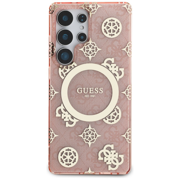Guess 4G-Hintergrund Gold galvanisiertes Pfingstrosenmuster MagSafe-Hülle für Samsung Galaxy S25 Ultra Pink