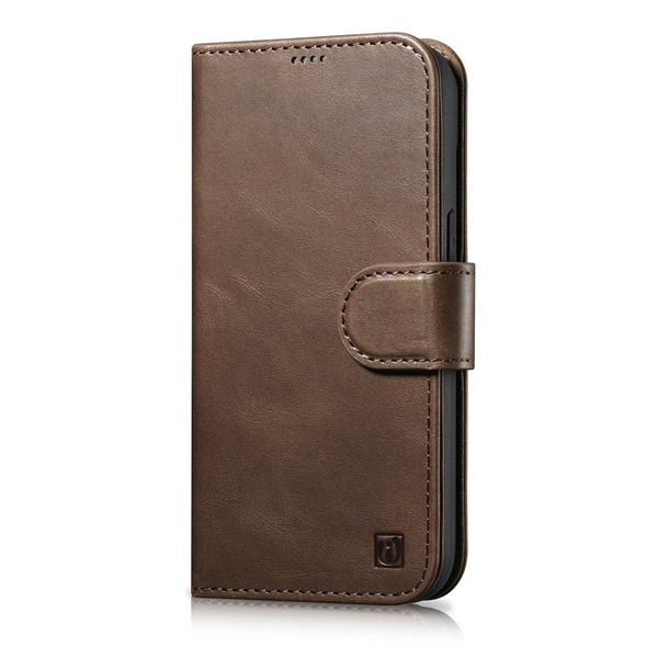 iCarer Oil Wax Wallet Case 2in1 etui iPhone 14 Pro Max skórzany pokrowiec z klapką Anti-RFID brązowy (WMI14220724-BN)