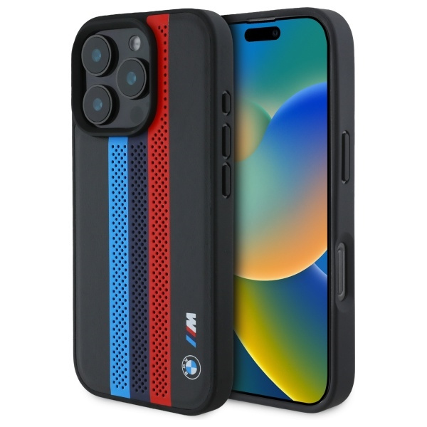 BMW M Performance Tricolor Printed Stripes MagSafe-Hülle für iPhone 16 Pro – Schwarz