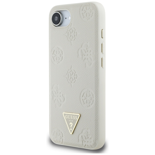 Etui Guess Grained Hot Stamp Peony Triangle Logo MagSafe na iPhone 16e - beżowe