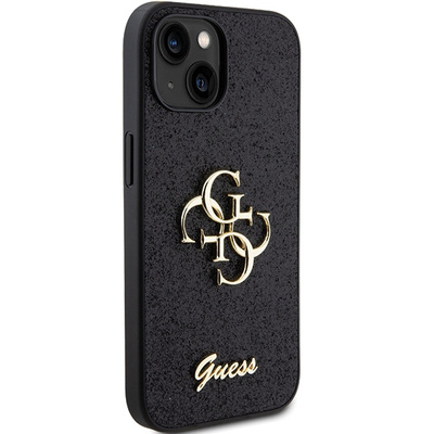 Guess Glitter Script Big 4G Hülle für iPhone 15 – Schwarz