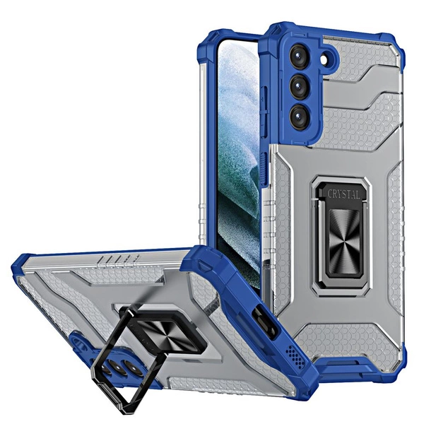 Crystal Ring Case Kickstand Cover robusta e robusta per Samsung Galaxy S22+ (S22 Plus) blu