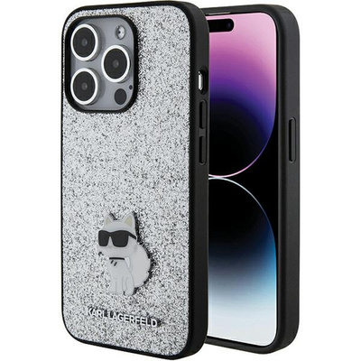 Etui Karl Lagerfeld Fixed Glitter Choupette Logo Metal Pin do iPhone 15 Pro - srebrne
