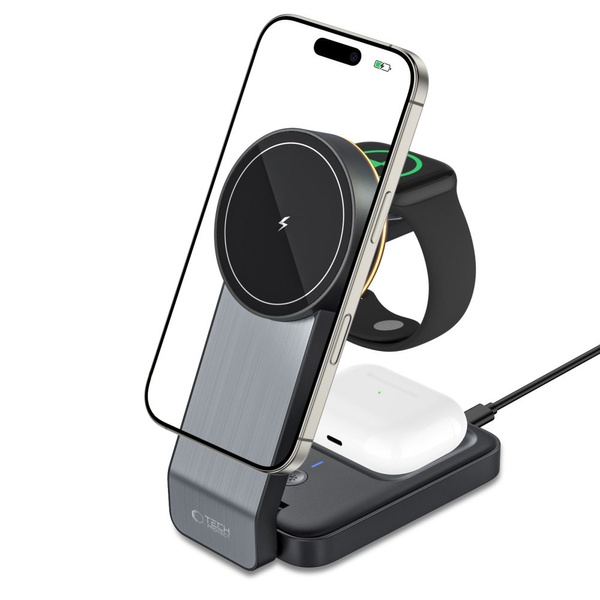 Ładowarka Tech-Protect QI15W-A28 indukcyjna MagSafe 3w1 ze stojakiem na smartfon / Apple Watch / AirPods - czarna