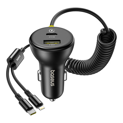 Baseus Circular 60W USB-A + USB-C Car Charger with Built-in Lightning + USB-C Cable 1.4m - Black - OUTLET