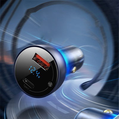 Baseus USB / USB Type C car charger 65 W 5 A SCP Quick Charge 4.0+ Power Delivery 3.0 LCD screen + USB Type C - USB Type C cable gray (TZCCKX-0G)