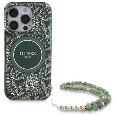Guess IML Flowers Allover Electro With Pearl Strap MagSafe case for iPhone 16 Pro Max - green