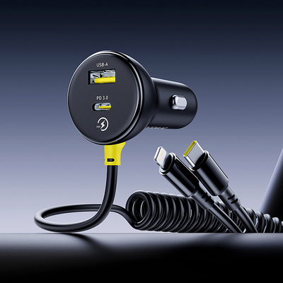 Baseus Circular 60W USB-A + USB-C Car Charger with Built-in Lightning + USB-C Cable 1.4m - Black - OUTLET