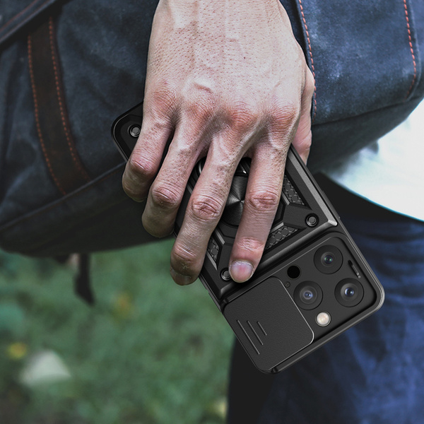 Pancerne etui z podstawką i osłoną aparatu do iPhone 15 Pro Hybrid Armor Camshield - niebieskie