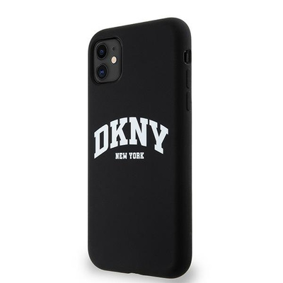 DKNY Liquid Silicone MagSafe Hülle für iPhone 11/Xr, Weiß, mit aufgedrucktem Logo, Schwarz