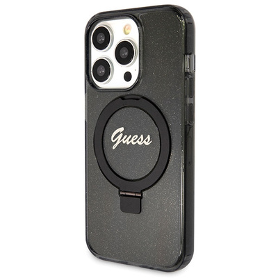 Guess Ring Stand Script Glitter MagSafe-Hülle für iPhone 13 Pro Max – Schwarz